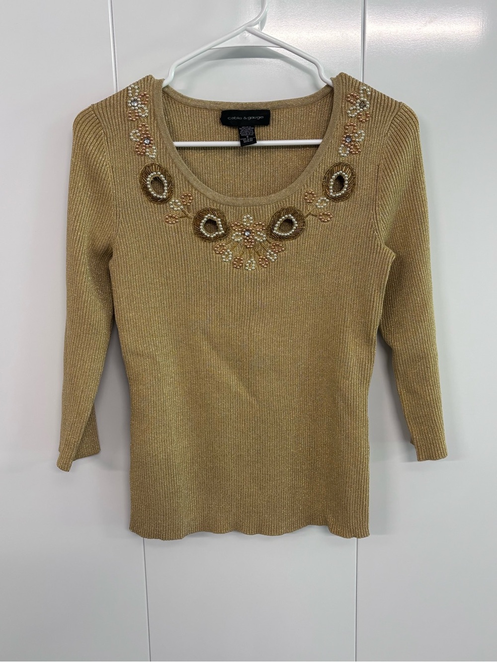 Cable & Gauge Gold Metallic Beaded Sweater Top Women's Size Small Silk Blend